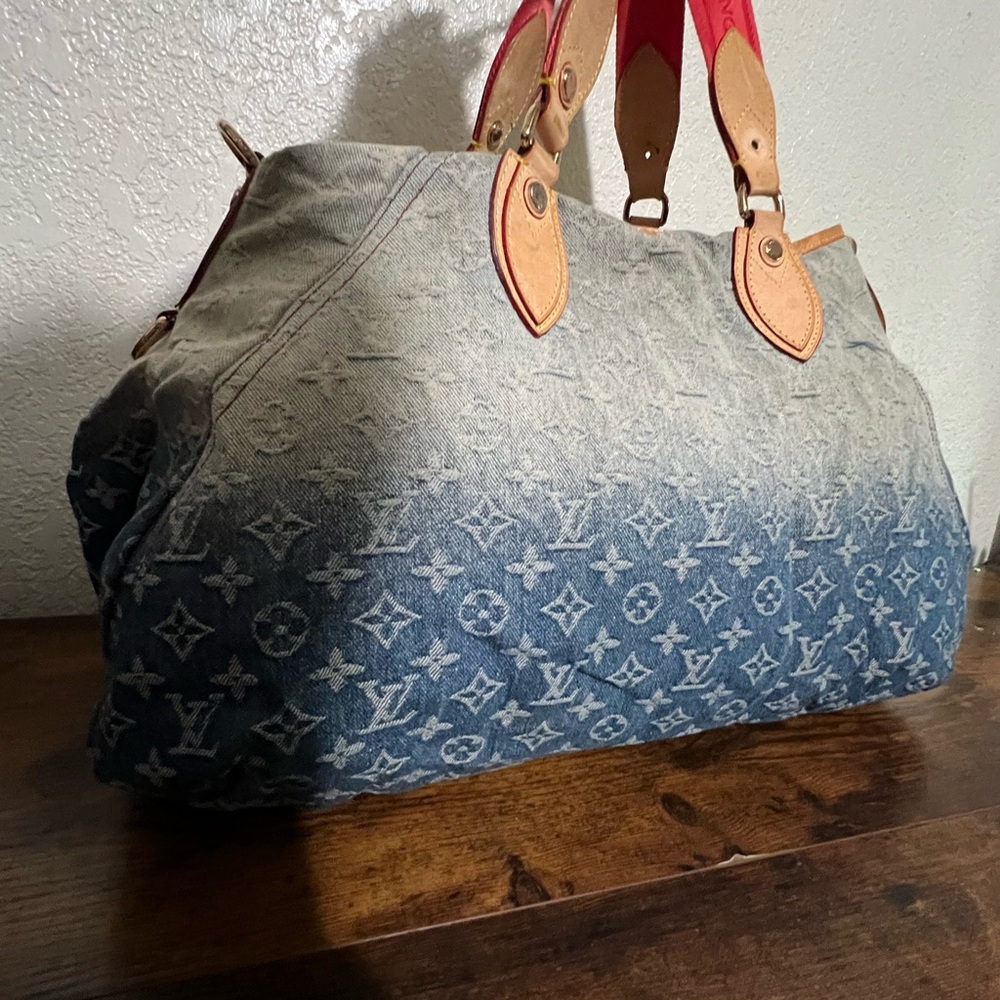 Denim Monogram Tote Bag with Leather Handles RARE